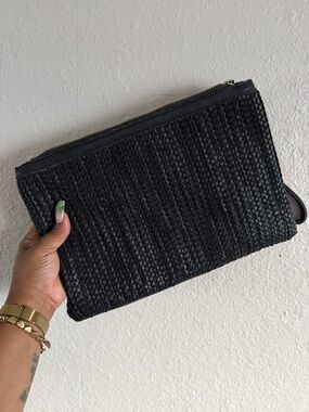 Black Woven Leather Zip Clutch
